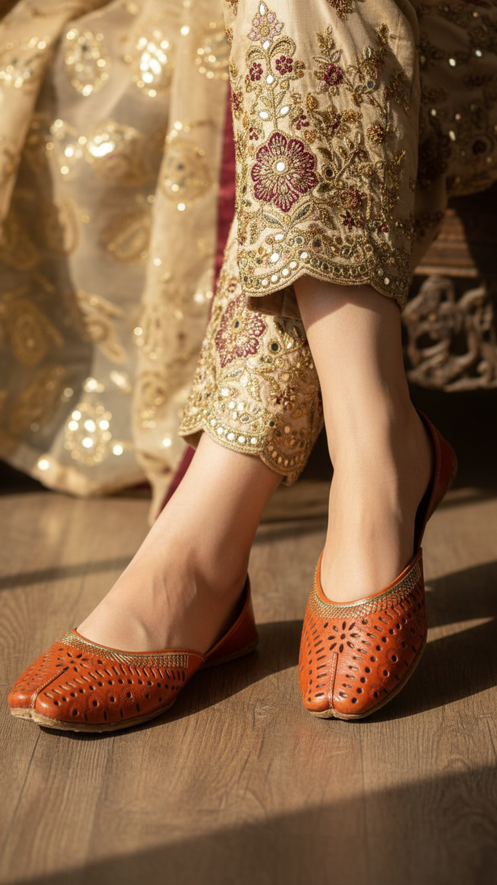 Orange Leather Khussa For Women EC8674