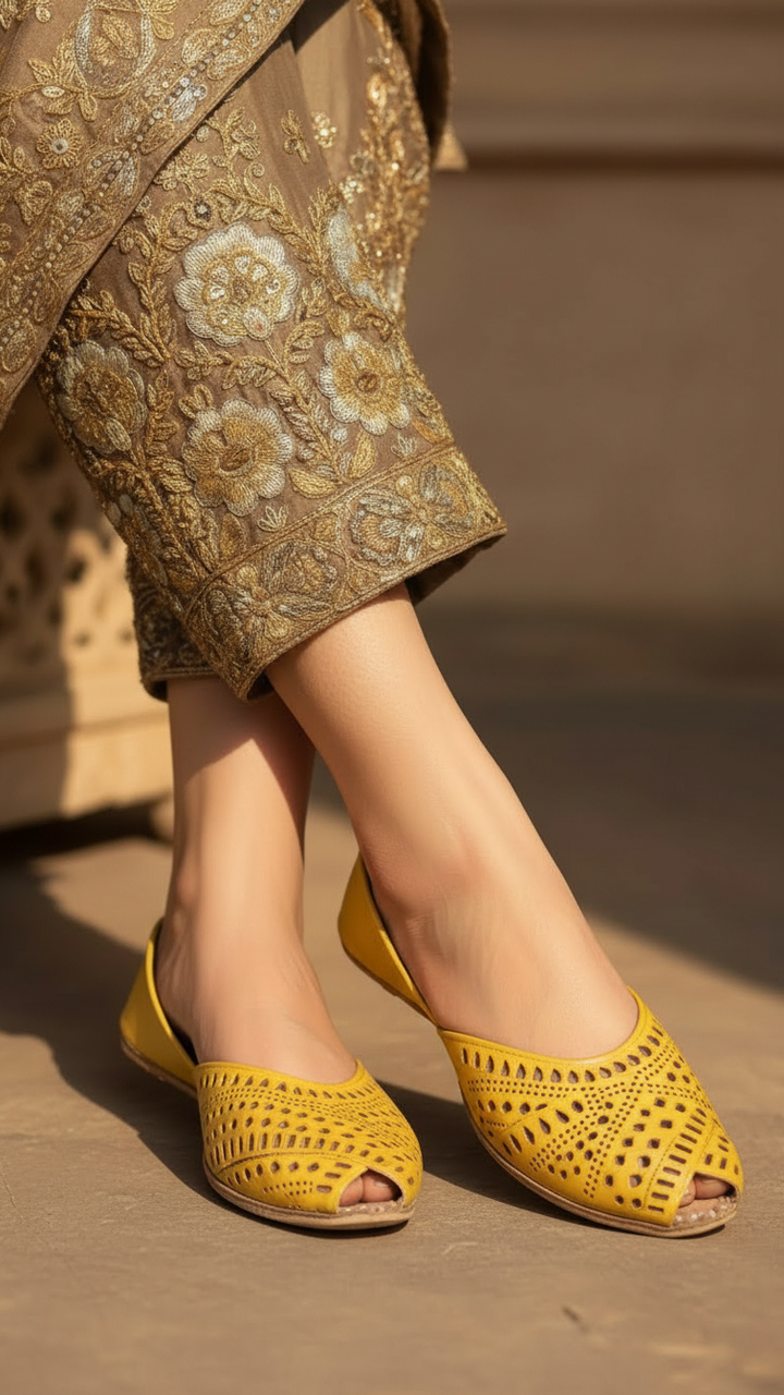 Yellow Leather Khussa For Women EC8692