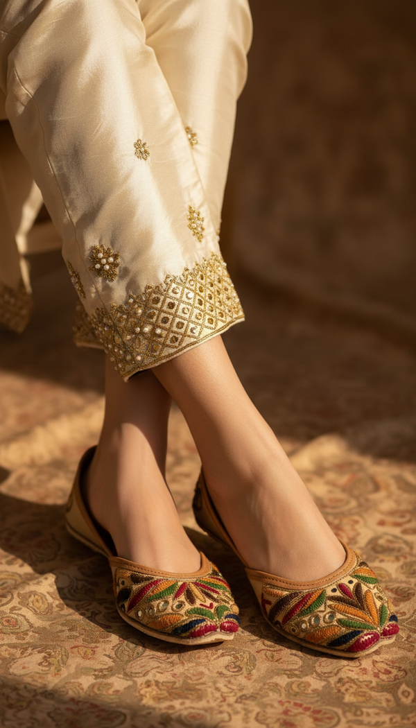 Beige Leather Khussa For Women EC8705