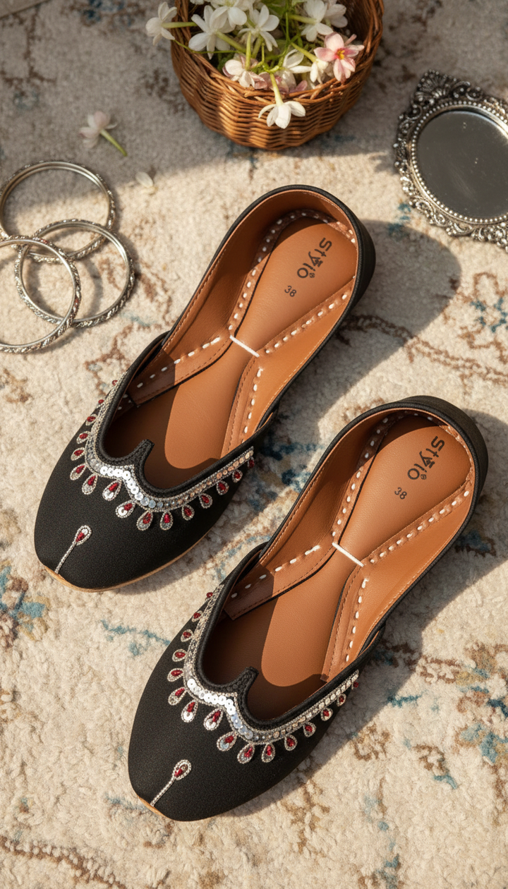 Black Leather Khussa For Women EC8759
