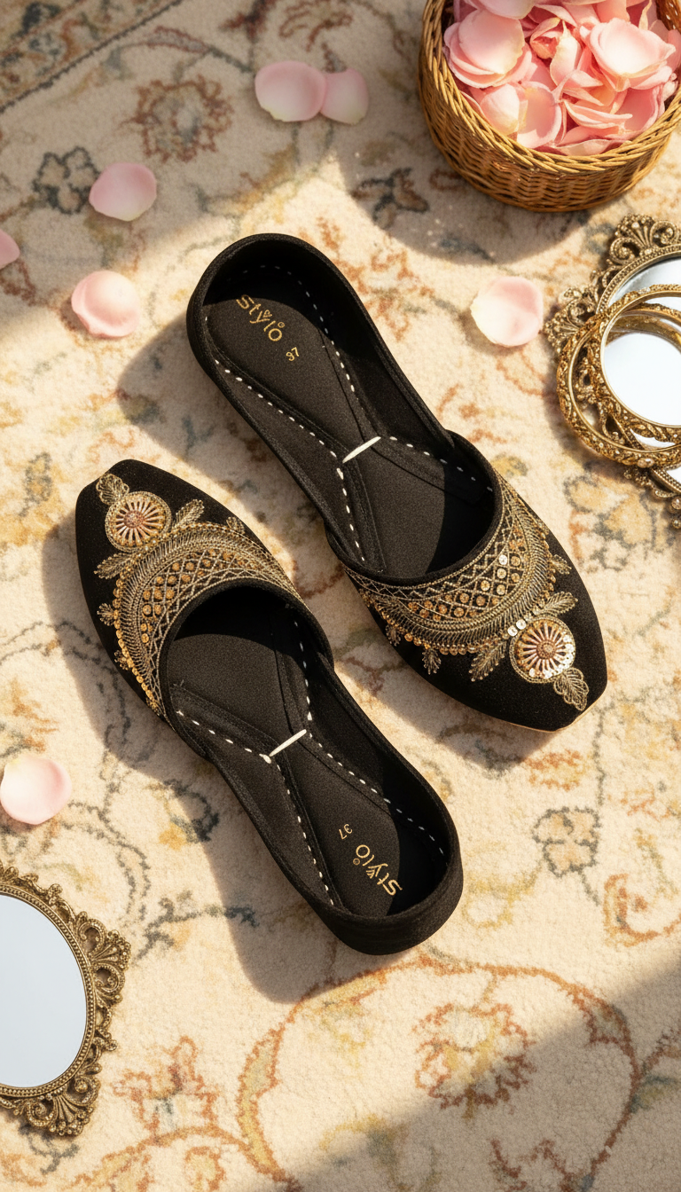 Black Leather Khussa For Women EC8765