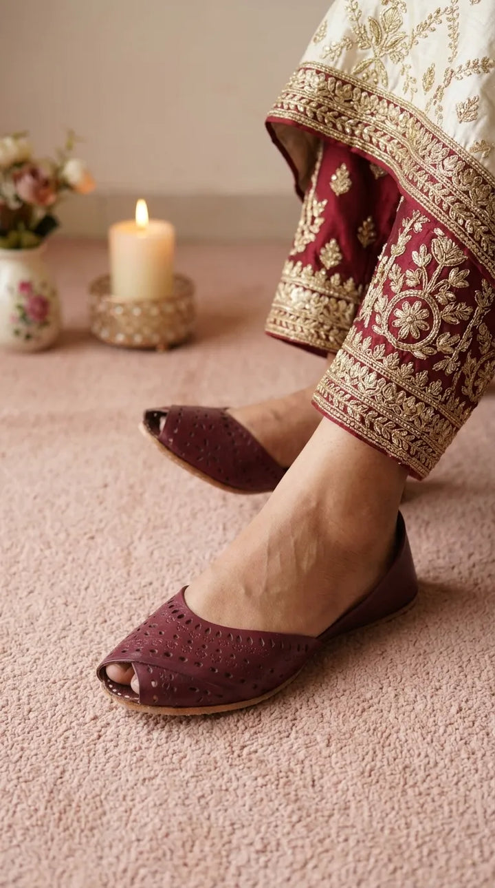 Maroon Leather Khussa For Women EC8864