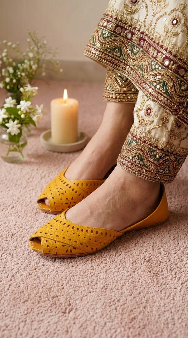 Yellow Leather Khussa For Women EC8864