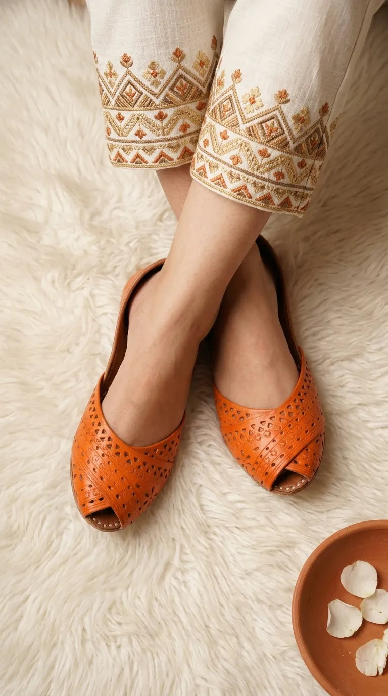 Orange Leather Khussa For Women EC8867