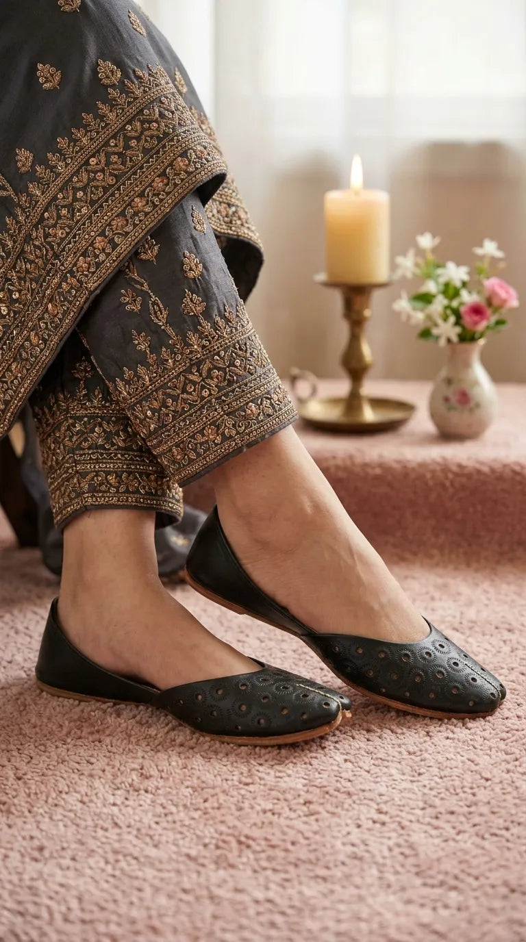 Black Leather Khussa For Women EC8868