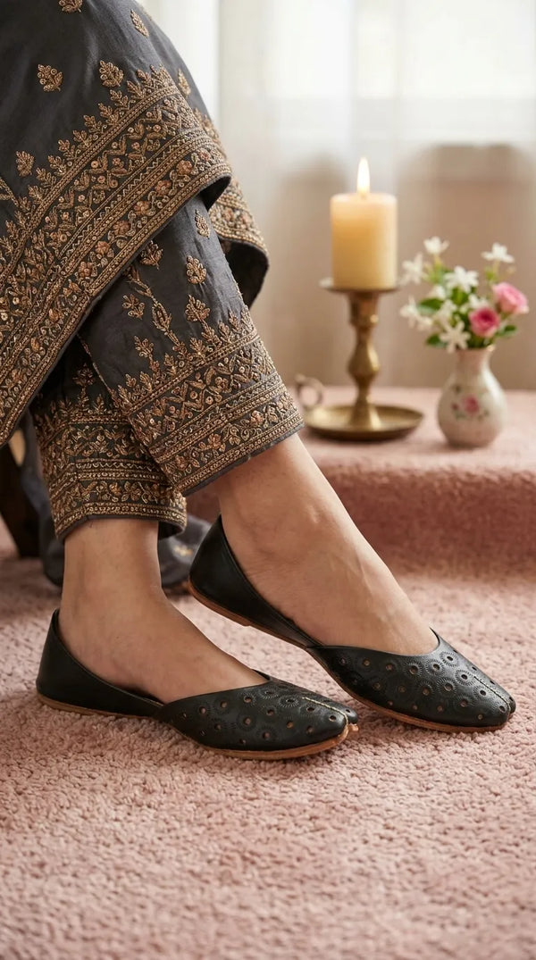 Black Leather Khussa For Women EC8868