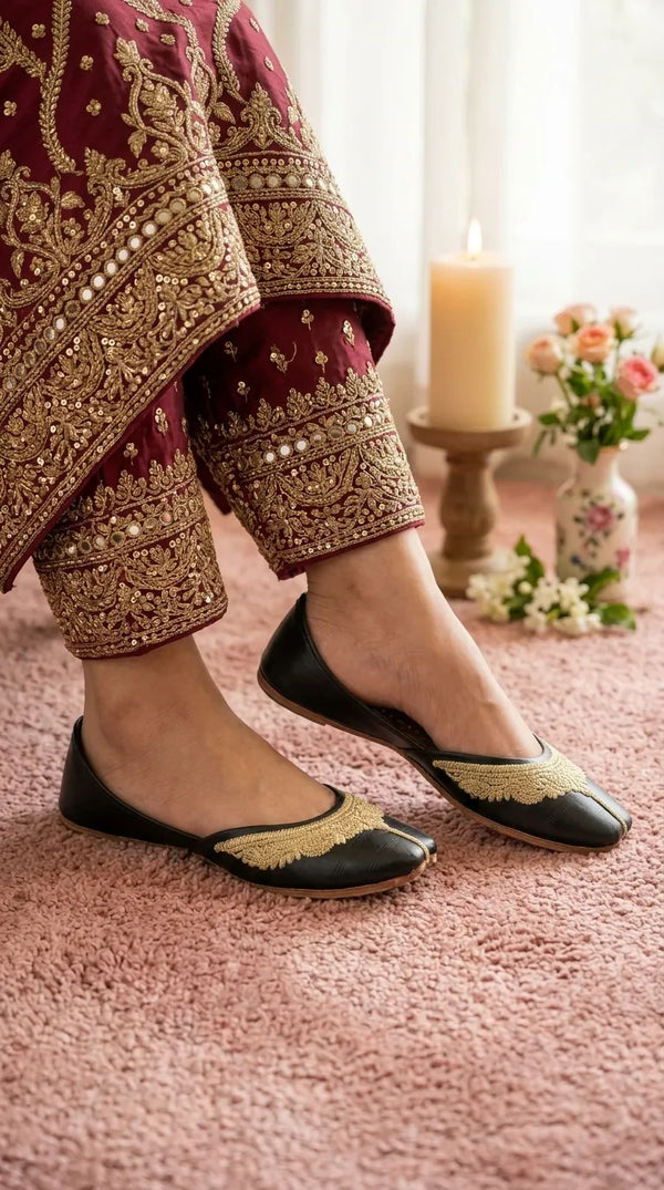 Black Leather Khussa For Women EC8874