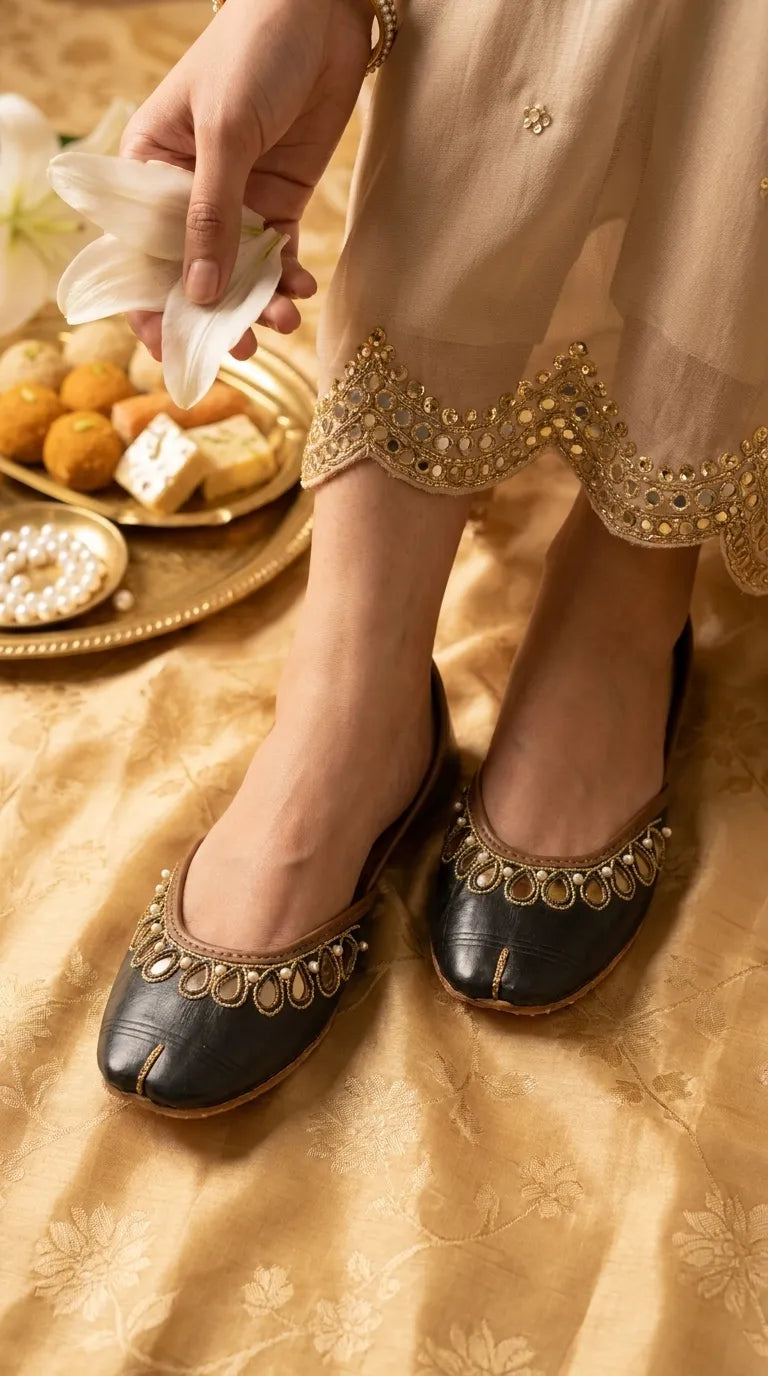 Black Leather Khussa For Women EC8875