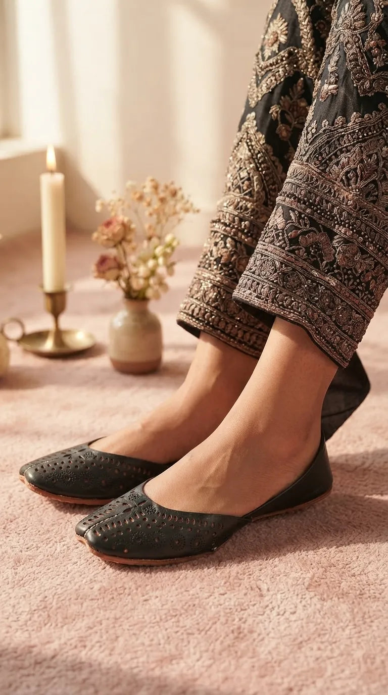 Black Leather Khussa For Women EC8878
