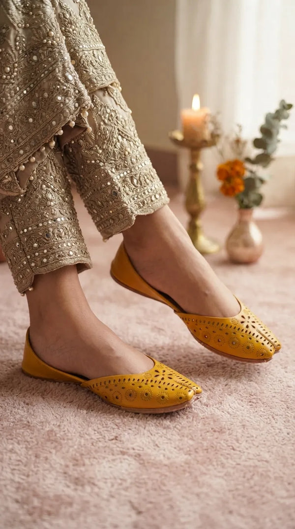 Yellow Leather Khussa For Women EC8878