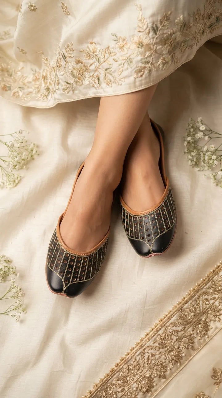 Black Leather Khussa For Women EC8879