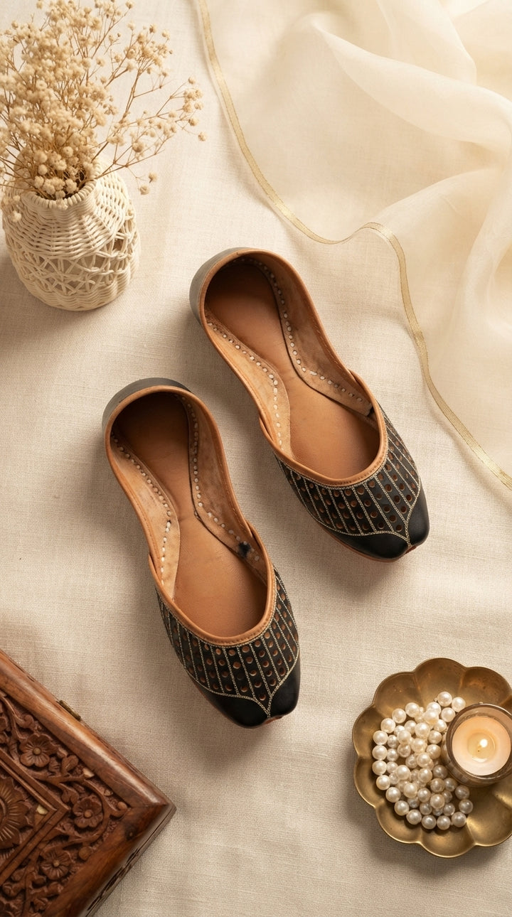 Black Leather Khussa For Women EC8879