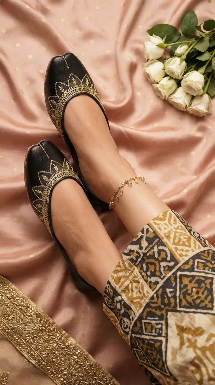 Black Leather Khussa For Women EC8880