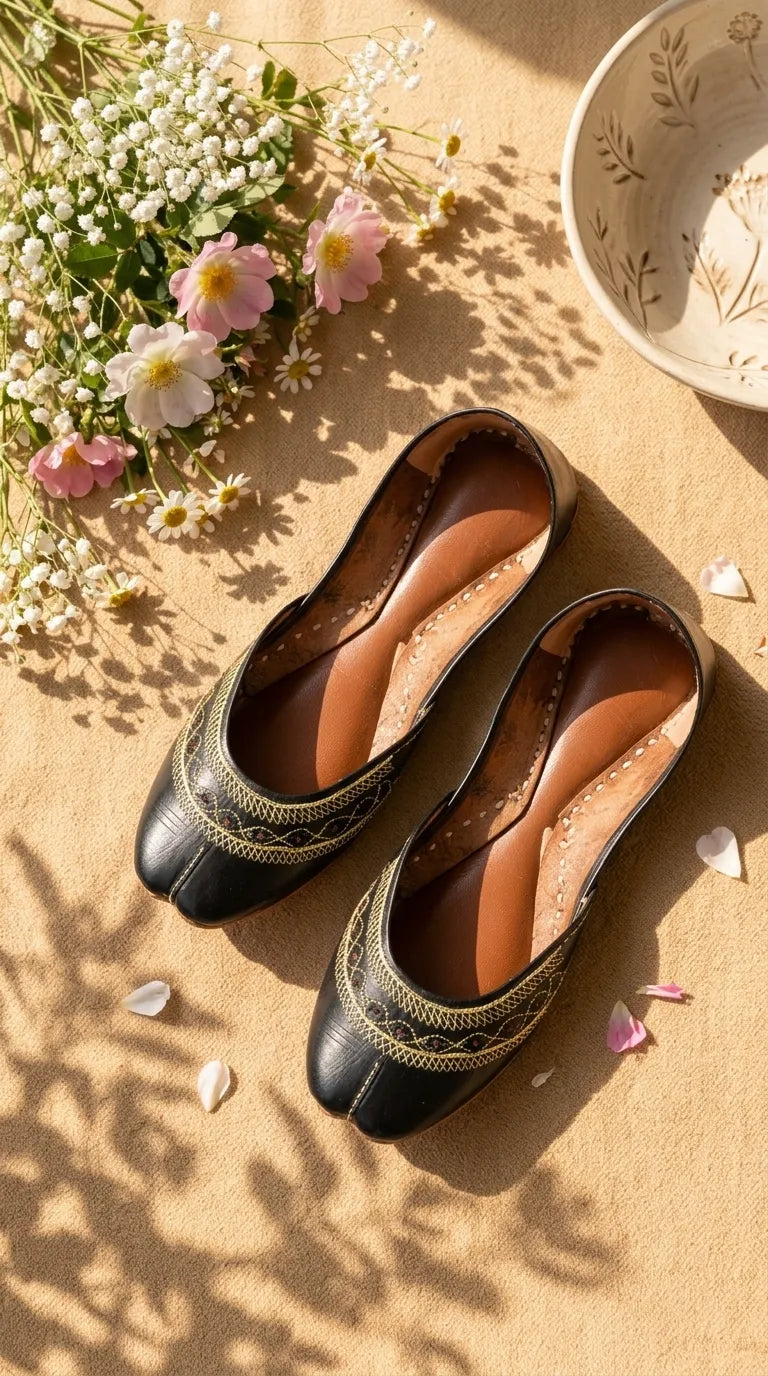 Black Leather Khussa For Women EC8894