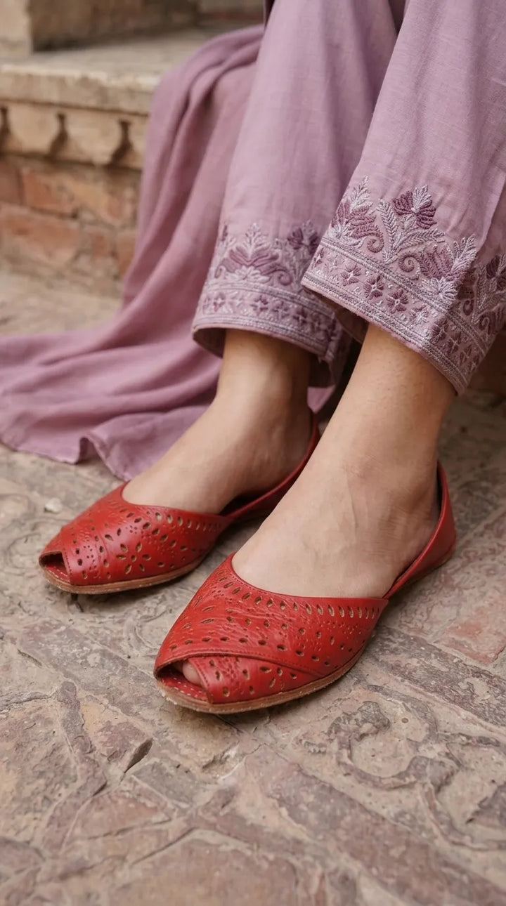 Red Leather Khussa For Ladies EC8927