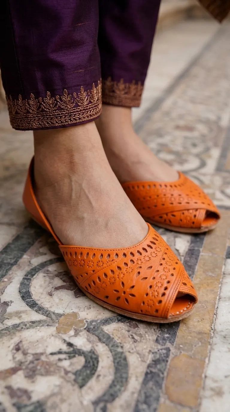 Orange Leather Khussa For Ladies EC8927