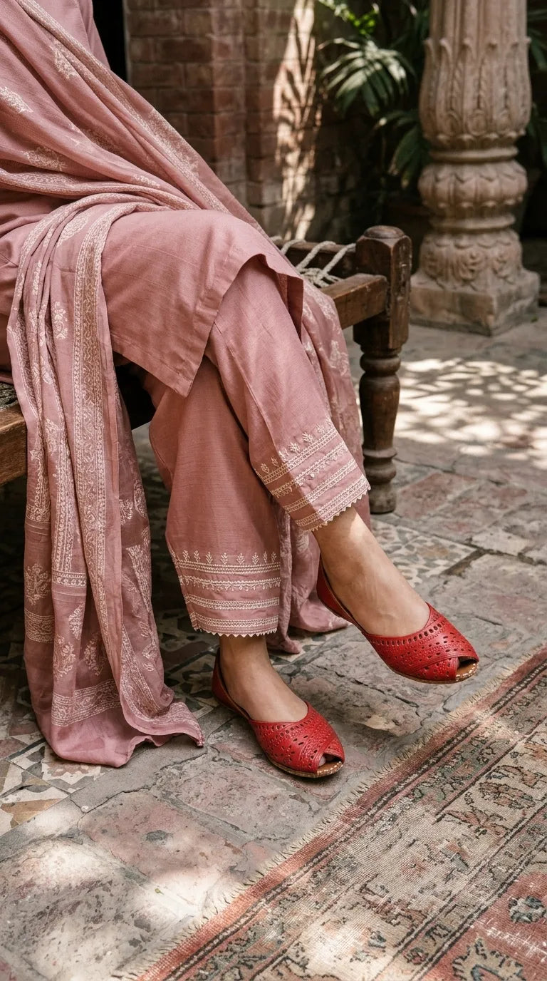 Red Leather Khussa For Ladies EC8929