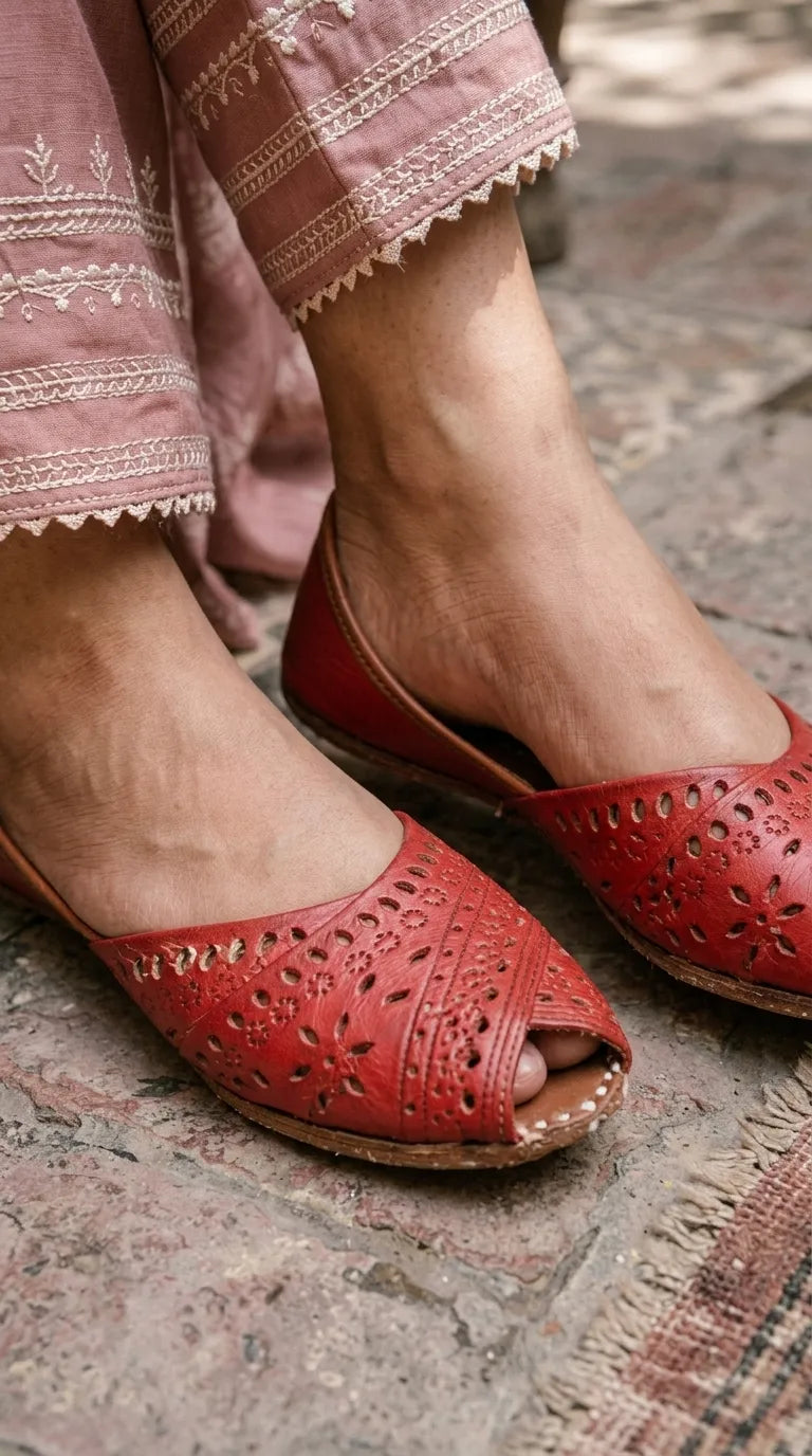 Red Leather Khussa For Ladies EC8929