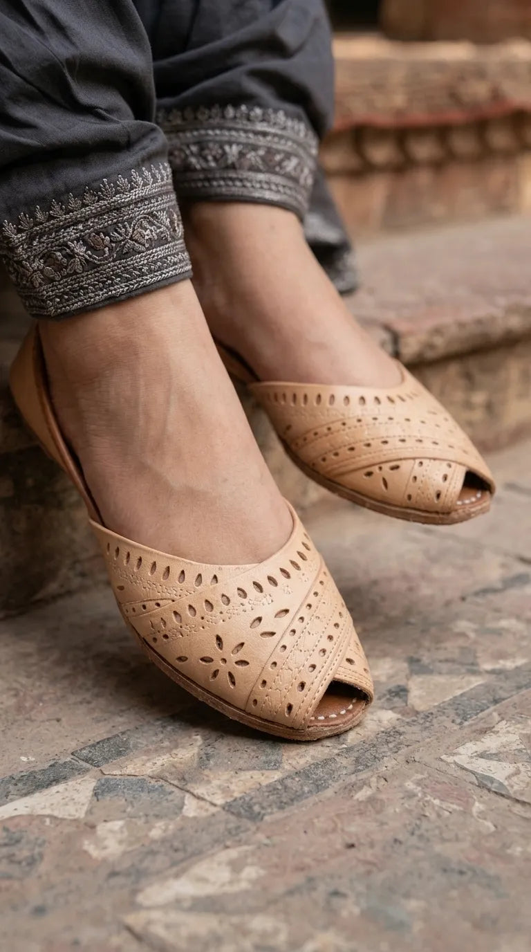 Fawn Leather Khussa For Ladies EC8929