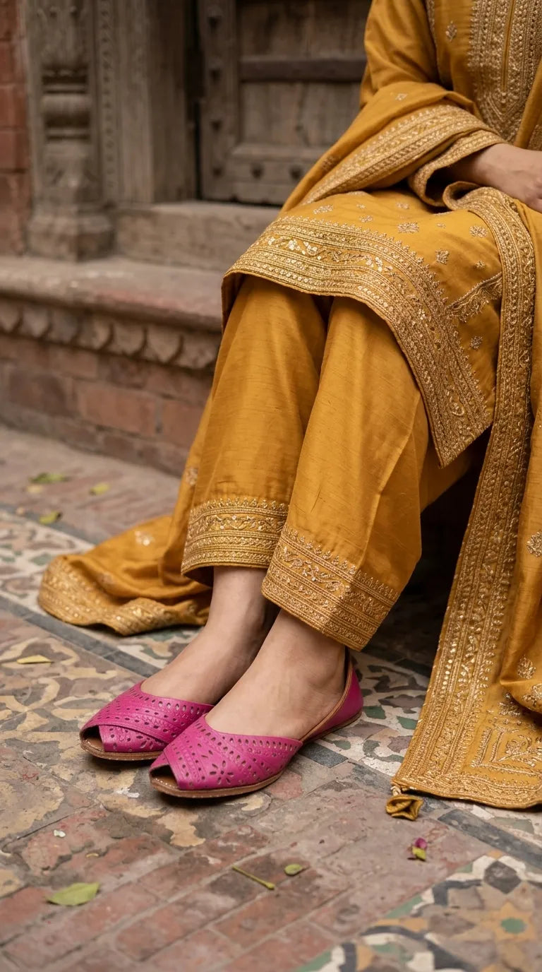 Pink Leather Khussa For Ladies EC8929