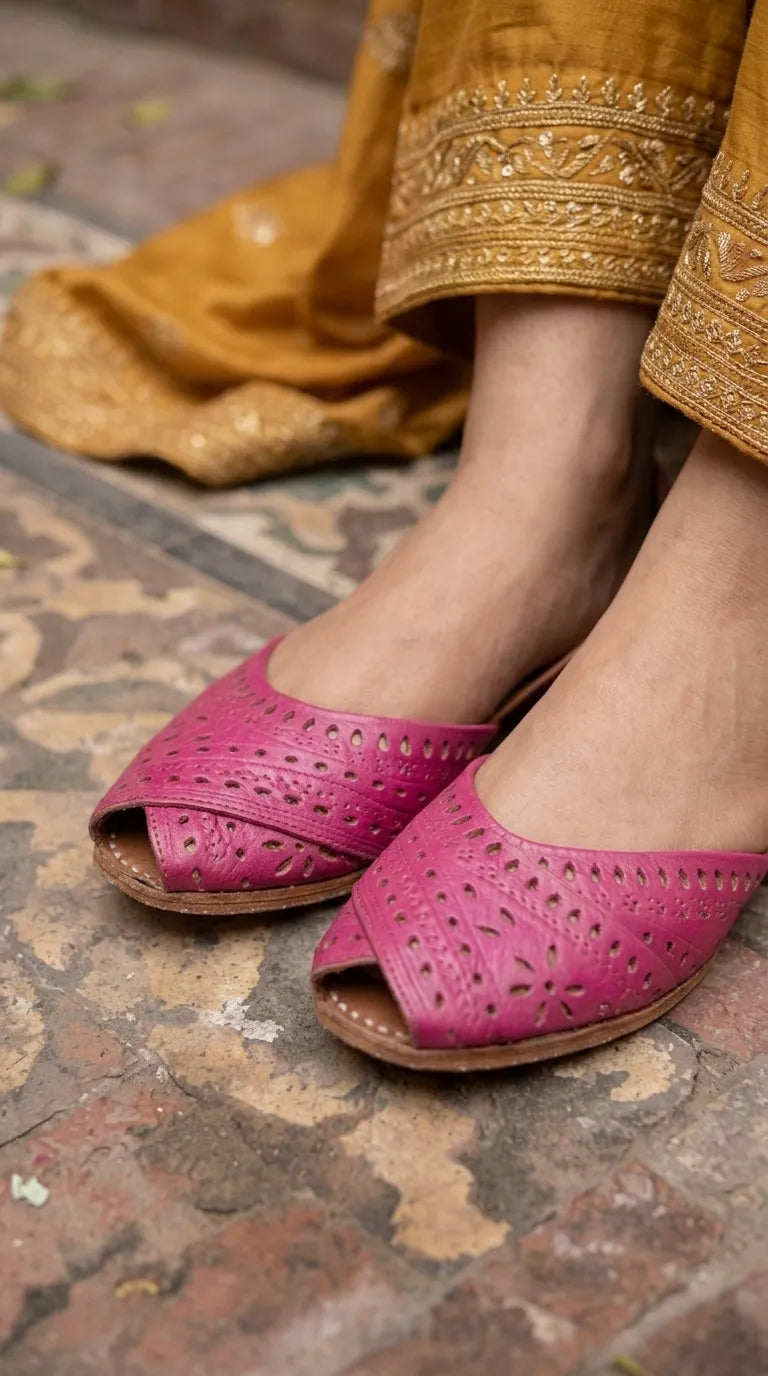 Pink Leather Khussa For Ladies EC8929