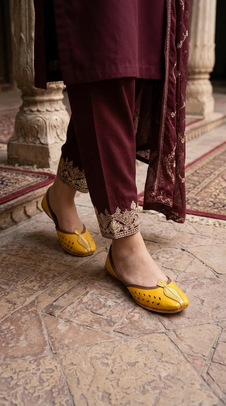 Yellow Leather Khussa For Ladies EC8931