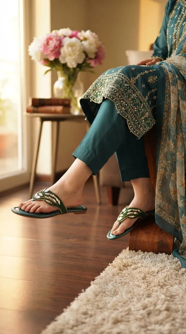 Green Fancy Chappal For Ladies FN0869