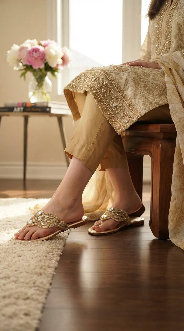 Golden Fancy Chappal For Ladies FN0869