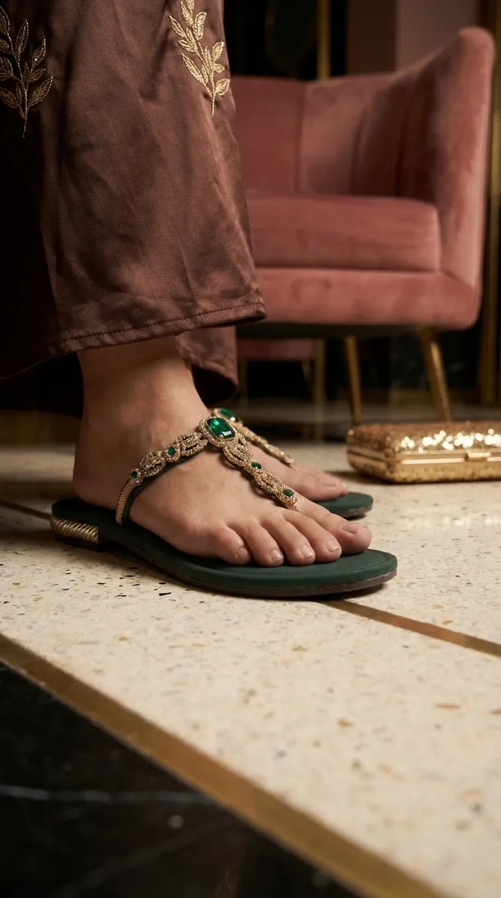 Green Fancy Chappal For Women FN0873