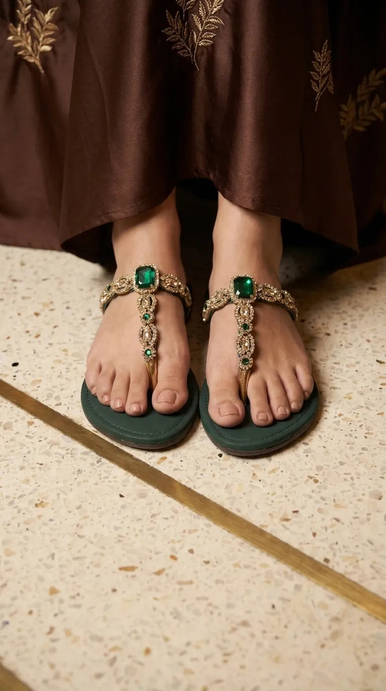 Green Fancy Chappal For Women FN0873