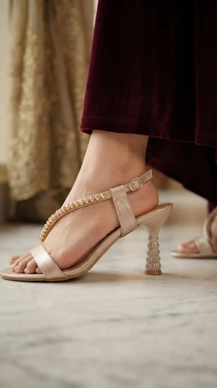 Golden Fancy Sandal For Ladies FN6395