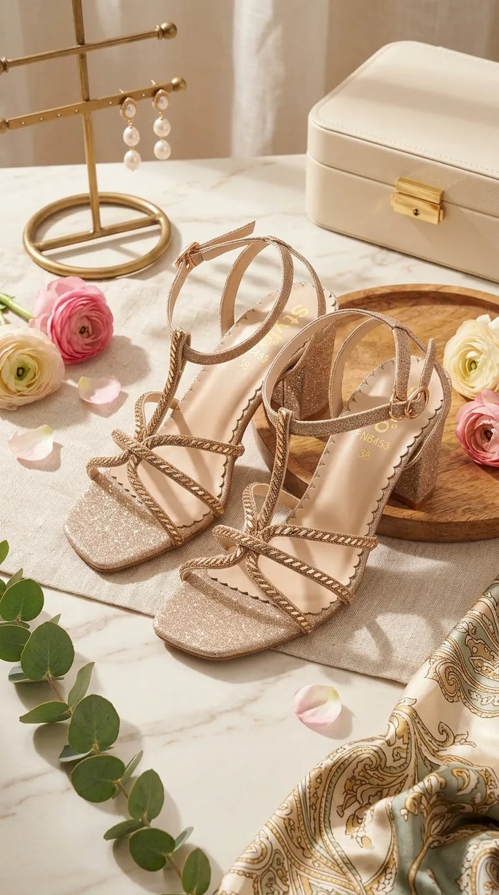 Golden Fancy Sandal For Ladies FN6453