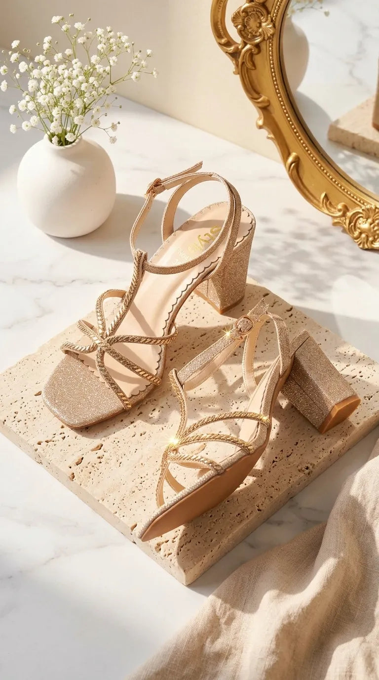 Golden Fancy Sandal For Ladies FN6453