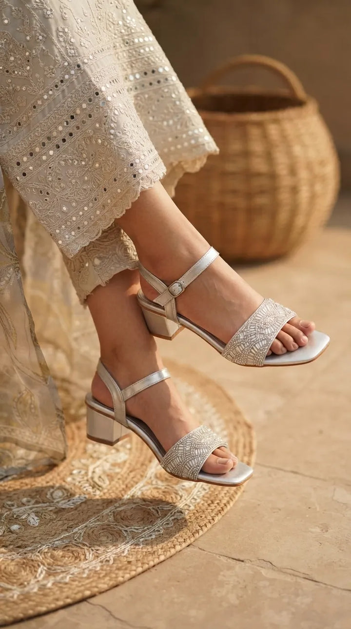 Silver Fancy Sandal For Women FN6467