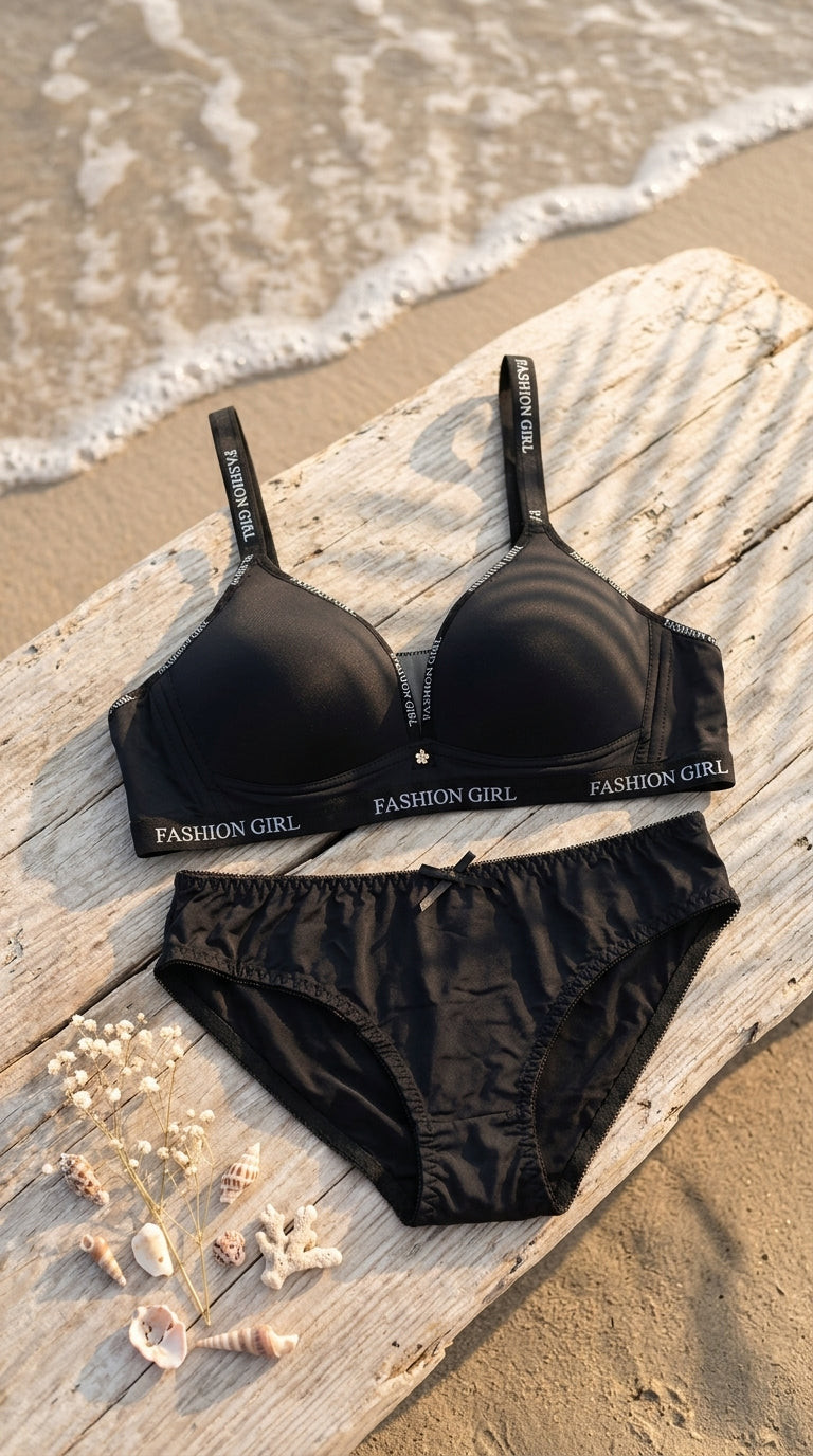 Black Padded Bra Set For Women LB5446