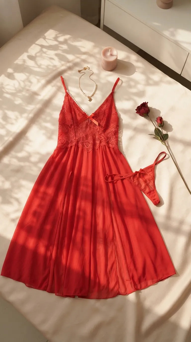Red Long Nighty For Women LN0117
