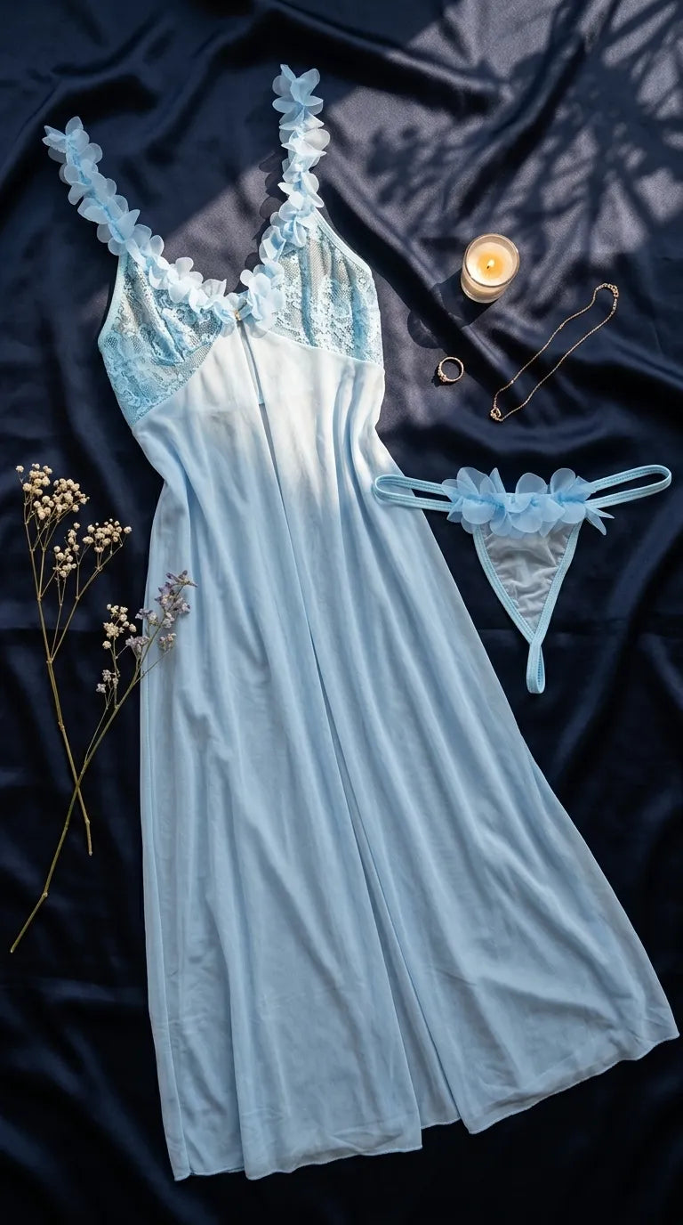 Sky Blue Long Nighty For Women LN0119