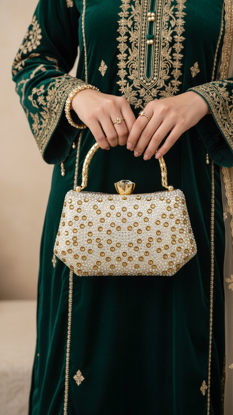 Golden Fancy Clutch For Ladies P24386