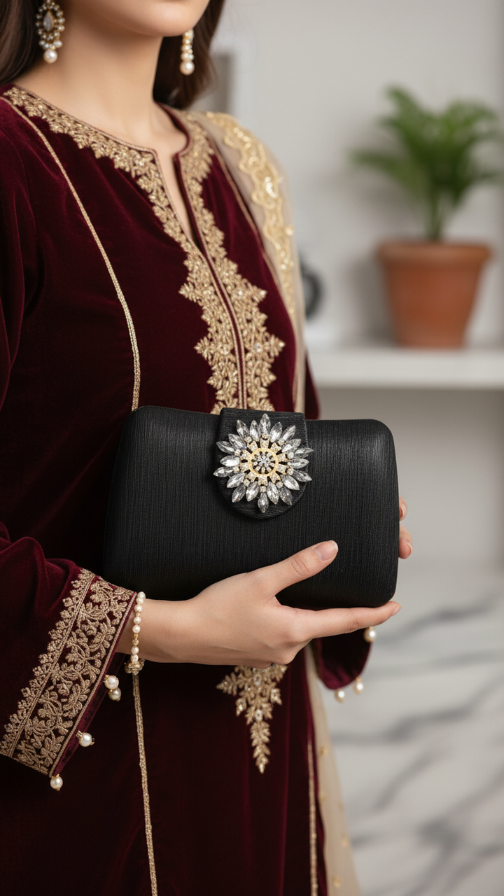 Black Fancy Clutch P24391