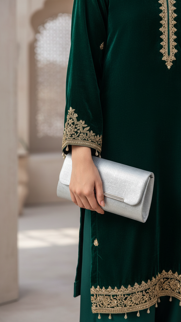 Silver Fancy Clutch For Ladies P24419