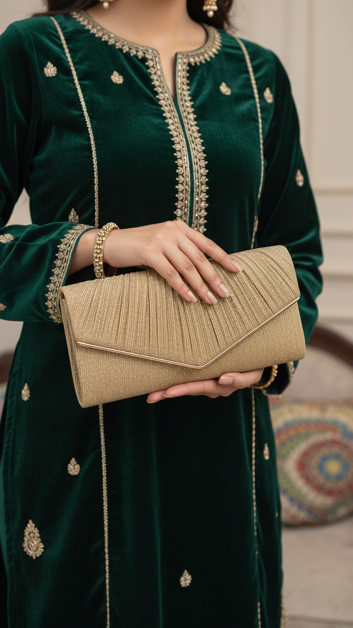 Golden Fancy Clutch For Women P24428
