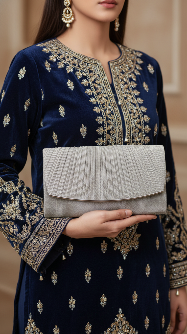 Silver Fancy Clutch For Women P24429