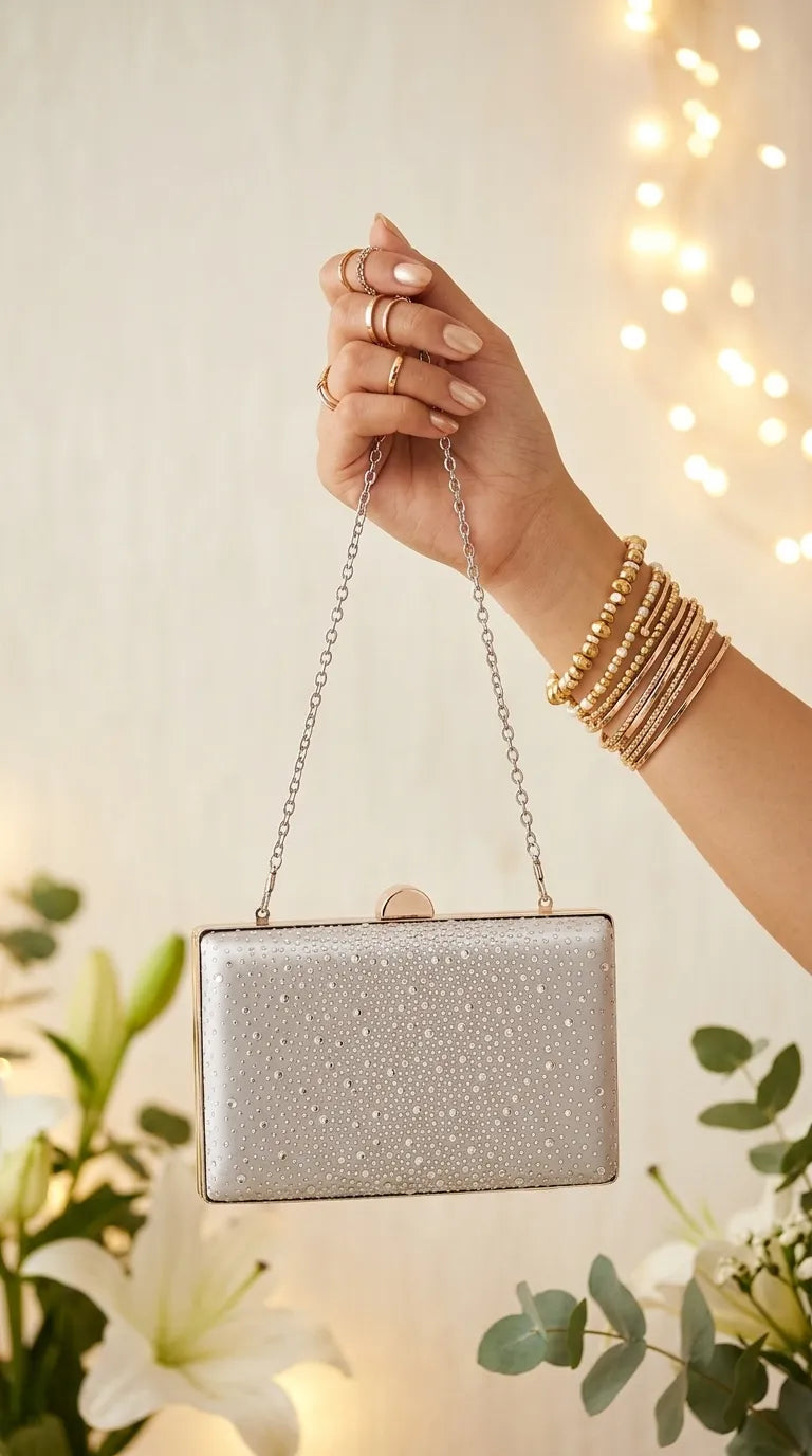 Silver Fancy Clutch For Ladies P24559