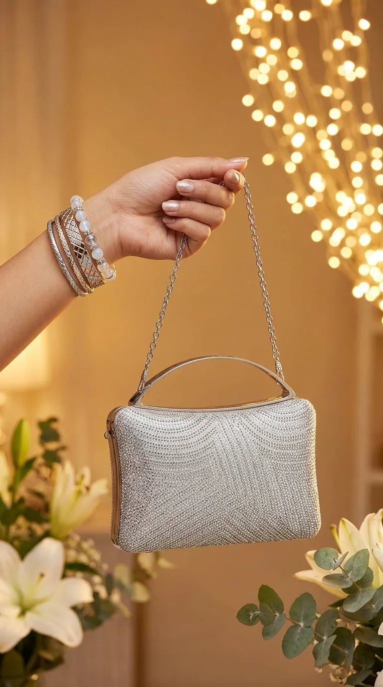 Silver Fancy Clutch For Ladies P24560