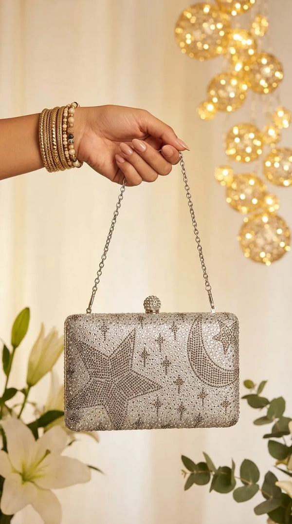 Silver Fancy Clutch For Ladies P24562