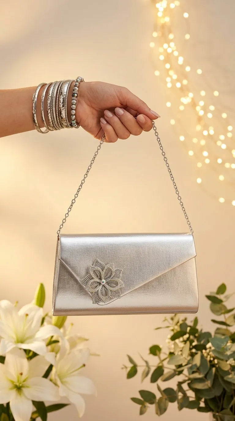 Silver Formal Clutch For Ladies P24599