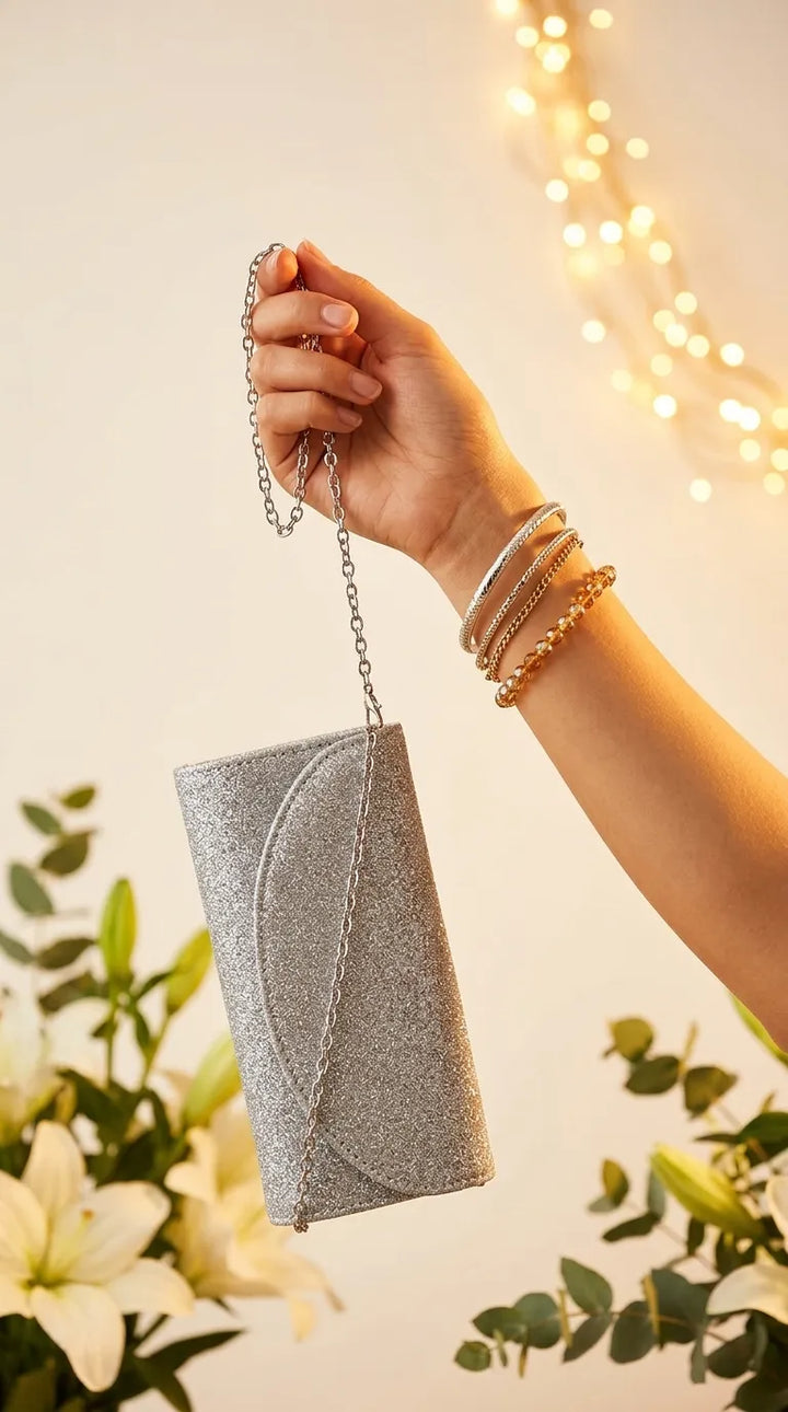 Silver Fancy Clutch For Ladies P24608