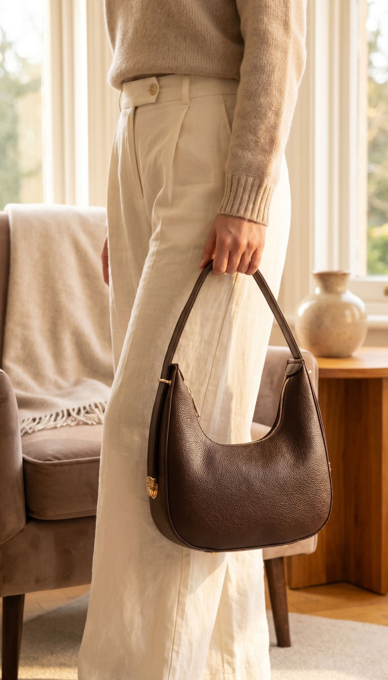Person holding a brown handbag in a home setting with a couch and vase in the background