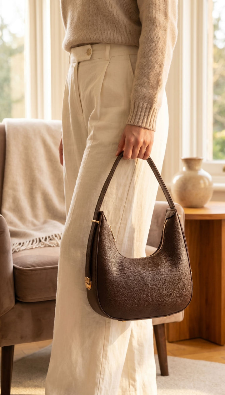 Person holding a brown handbag in a home setting with a couch and vase in the background