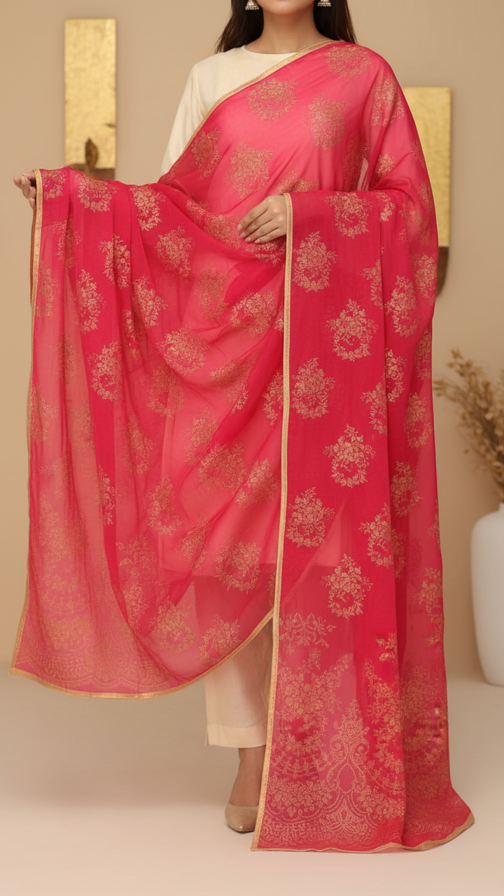 Pink Screen Printed Chiffon Dupatta PD5391